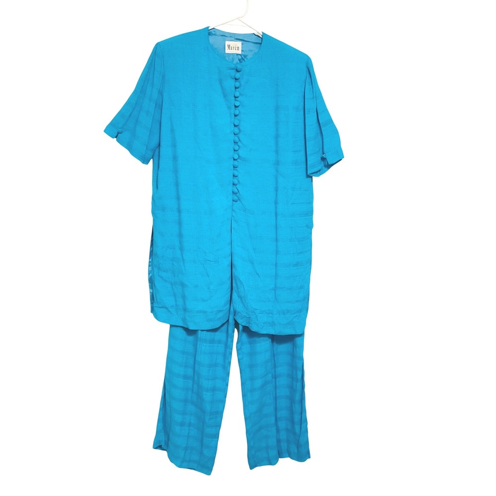 Vintage MAREN turquoise blue tunic pants set rayon linen 16 lagenlook resort
